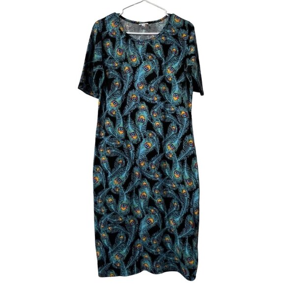 Lularoe Julia Dress Women's Size Medium Blue‎ Peacock Knee Length Midi Colorful - Picture 1 of 8